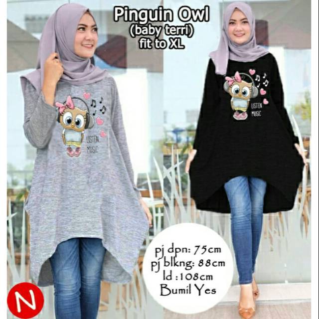 pinguin owl, tunik, atasan wanita, motif owl, tunik bumil, kekinian tunik, tunik muslim, tunik murah