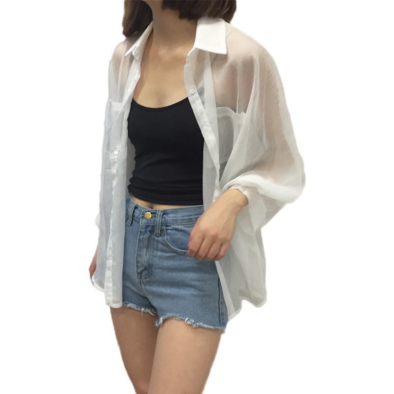 Kemeja Lengan Panjang Bahan Sifon Model Longgar Transparan untuk Wanita