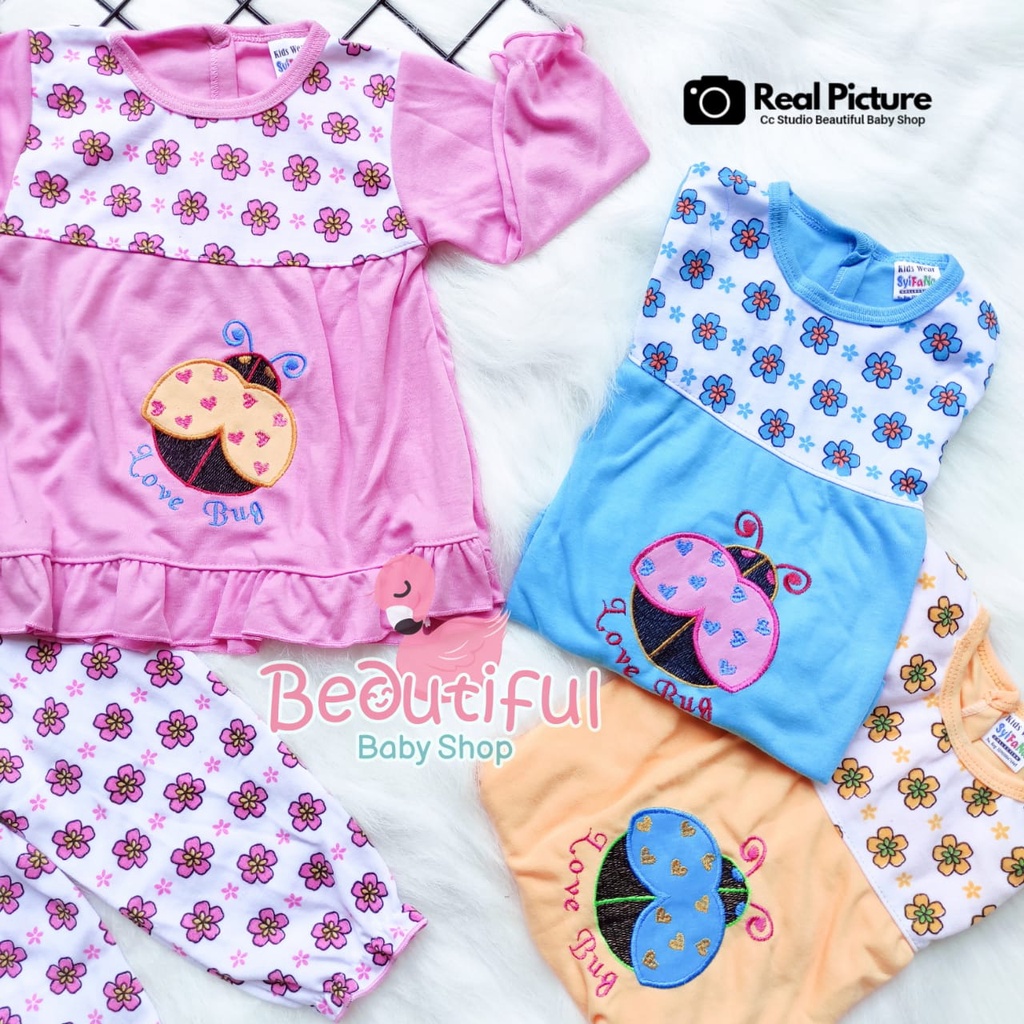 Baby.ou - Setelan Baju Bayi Lengan Panjang Celana Panjang Motif Kumbang / Setelan Piyama Bayi Perempuan 3-12 Bulan / Baju Bayi Perempuan Syifana