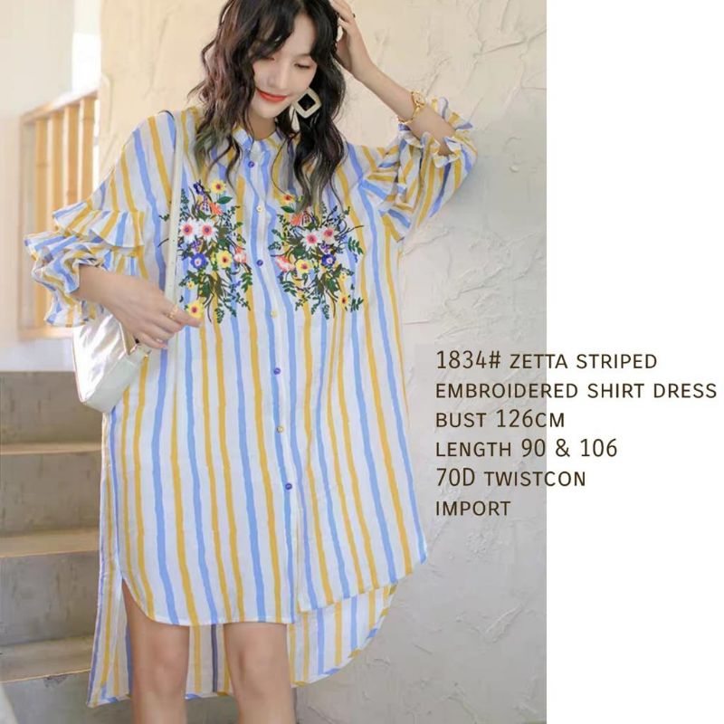 MDLV ~ 1834 Zetta Striped Embroidered Shirt Dress Salur Bordir Bunga Fashion Import