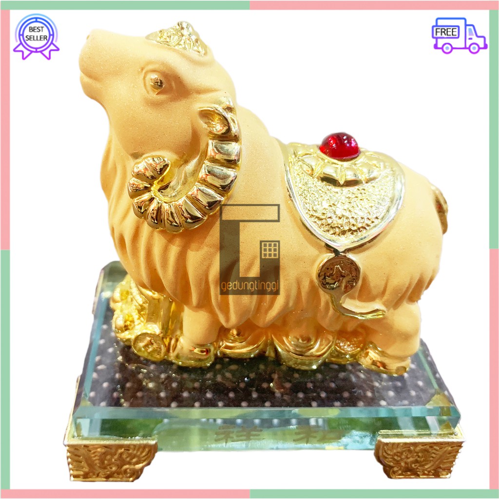 Patung Pajangan Kado Imlek Hoki Rejeki 12 Zodiak Shio Kambing Fengshui Lucky Uang Emas Gold Resin