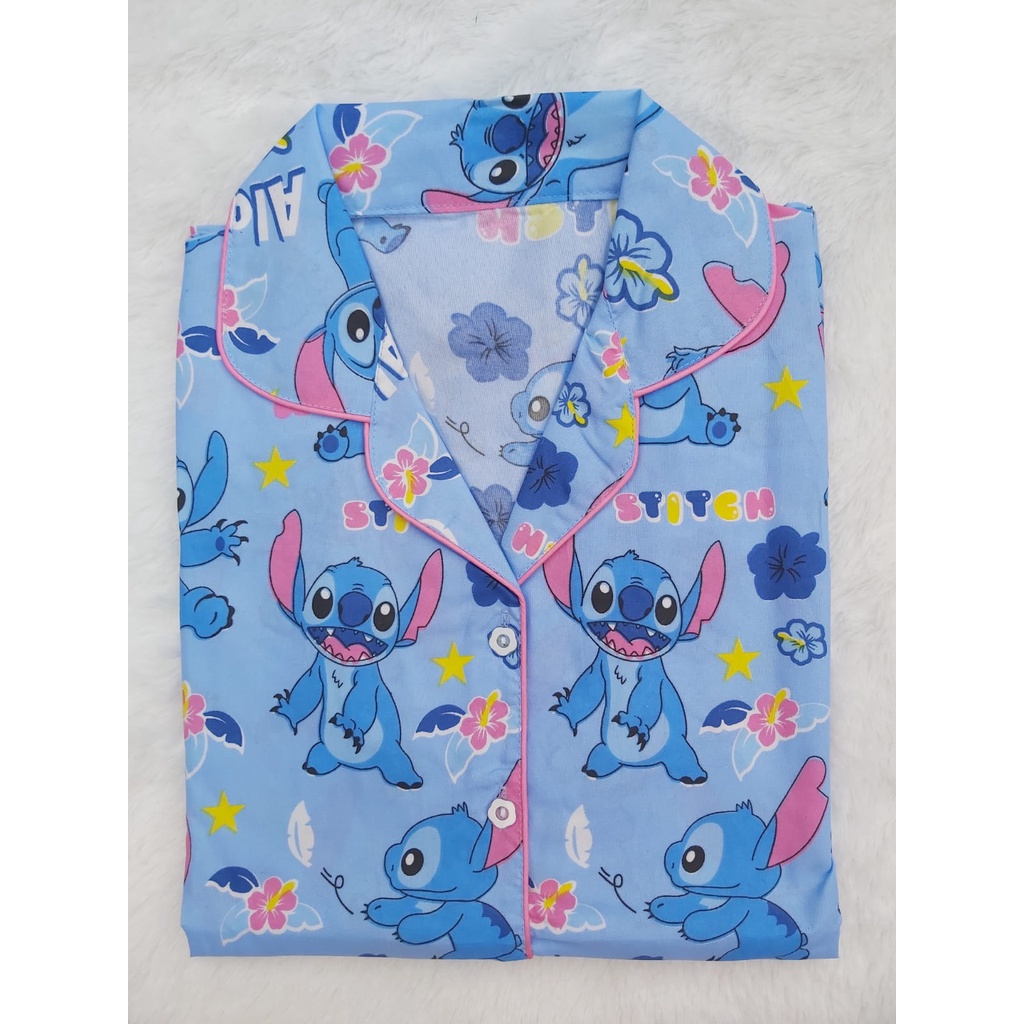 BJ - Piyama CP Wanita Murah - Bahan Katun - Baju Tidur Lengan Pendek Motif Karakter-Aloha Stitch-Biru