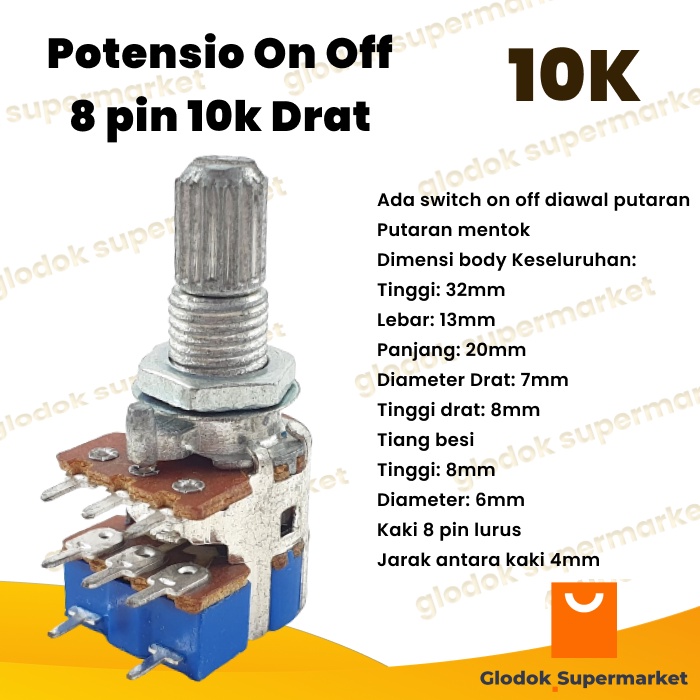 Potensio On Off 8 pin 10k Drat Kaki 6-2 Lurus 103