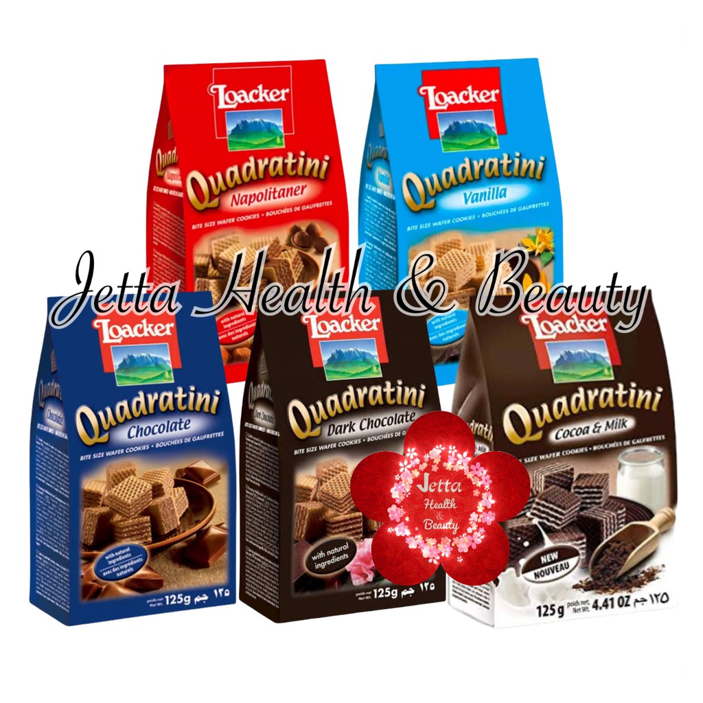 

Loacker Quadratini Wafer Cocoa Milk Dark Chocolate Kakao Napolitaner Vanilla 125g