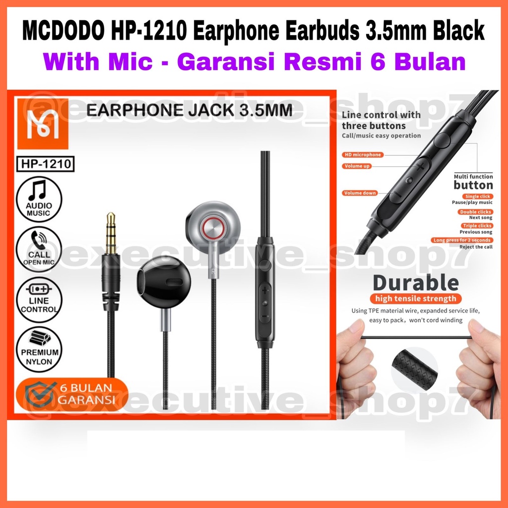 MCDODO HP-1210 Earphone Earbuds  3.5mm Black - with Mic - Garansi Resmi 6 Bulan