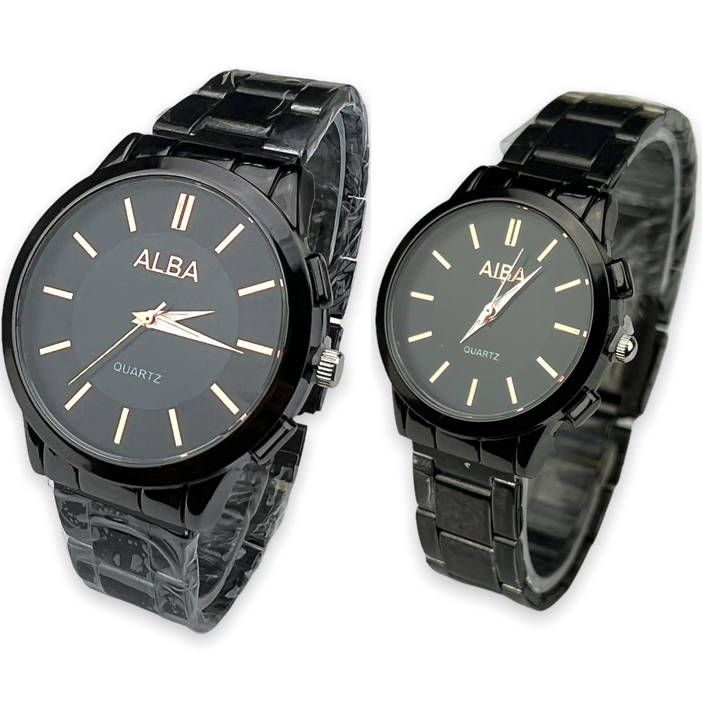 { KW } JAM TANGAN COUPLE PASANGAN PRIA WANITA ALBA FULL HITAM STRAP RANTAI STEEL A-1208
