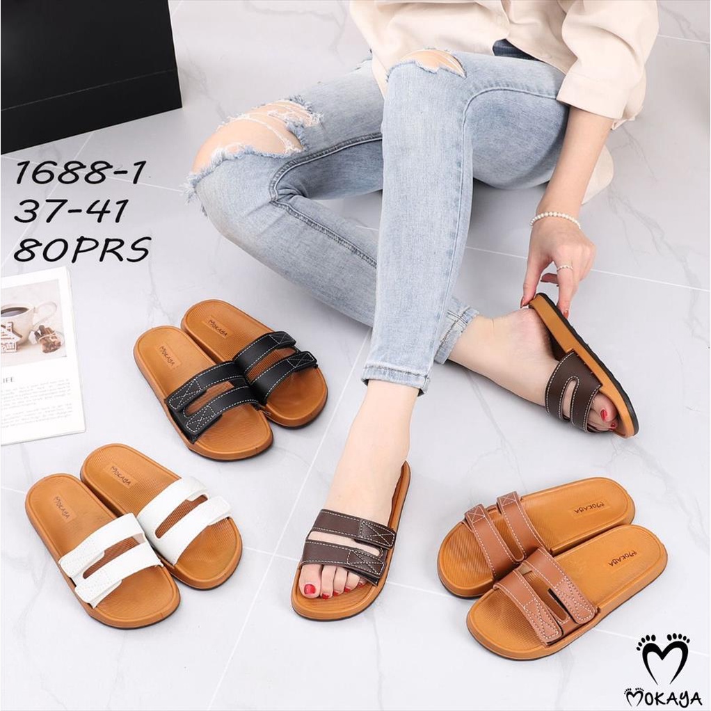 Sandal Slop Jelly Wanita Ban 2 Kretek Motif Jahit Bisa Di Adjust Keren Mewah Elegant Import Mokaya / Size 37-41 (1688-1)