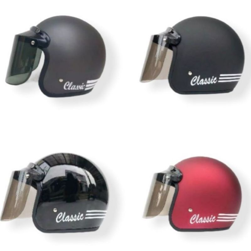 HELM BOGO DEWASA CLASIK TIGA GARIS+KACA FREE PACKING DAN PENGAMAN