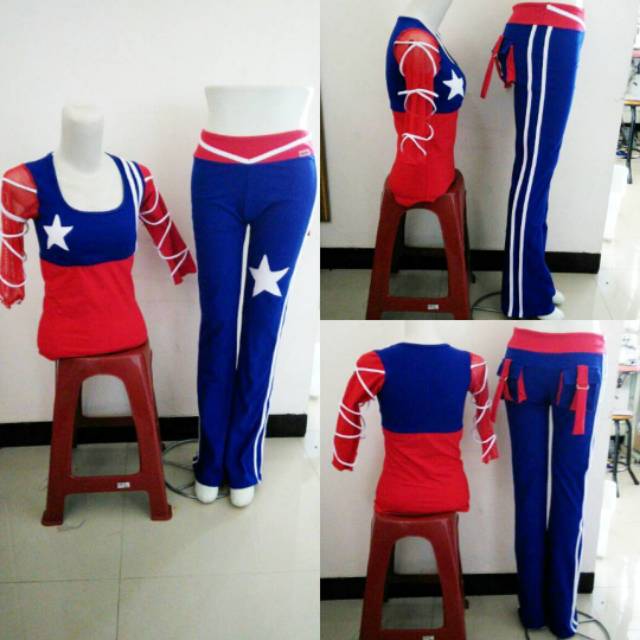 Setelan baju senam aerobik lapangan muslimah motif bendera