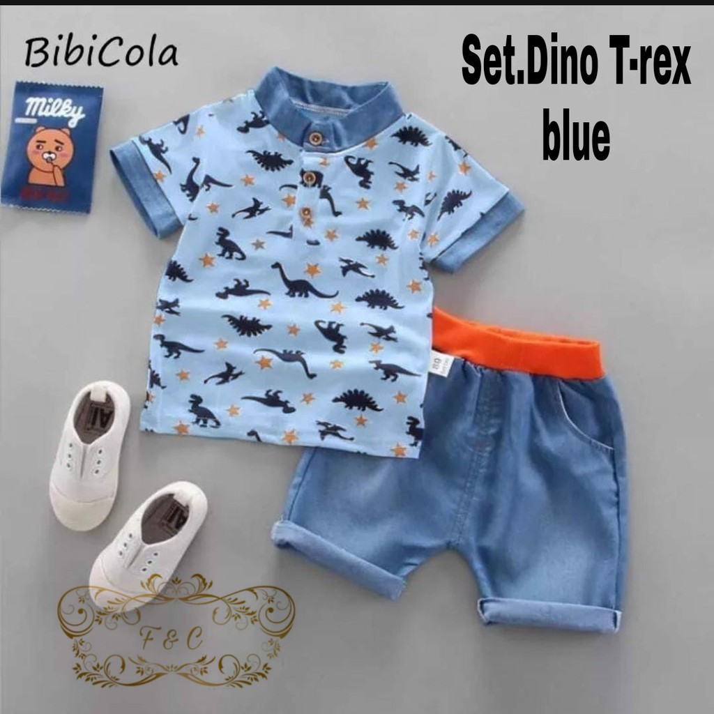 Setelan baju anak murah Set Dino T-rex kid 3w set stelan anak laki-laki terbaru Baju anak sehari hari usia 3 4 5 TAHUN FD