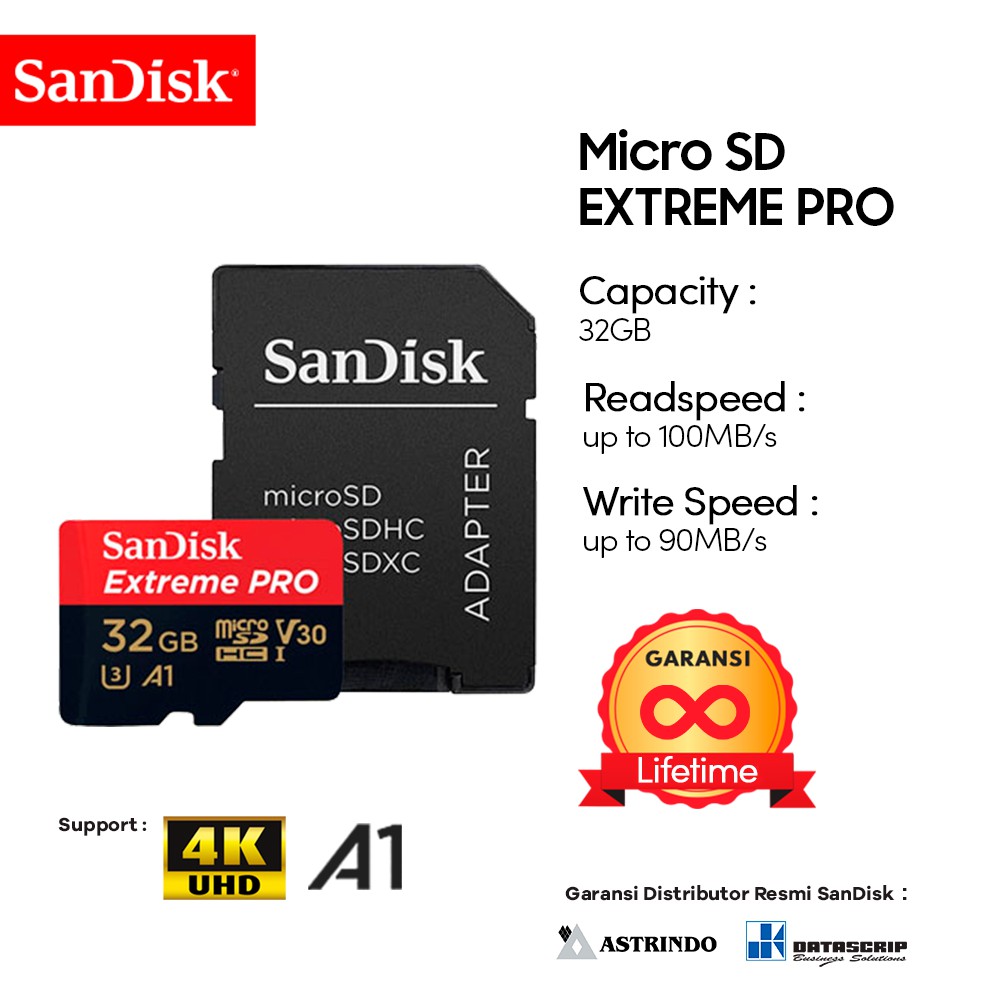 Memory Card | Micro SD 32GB SanDisk Extreme Pro up to 100Mbps U3 A1 V30 - Garansi Resmi Lifetime