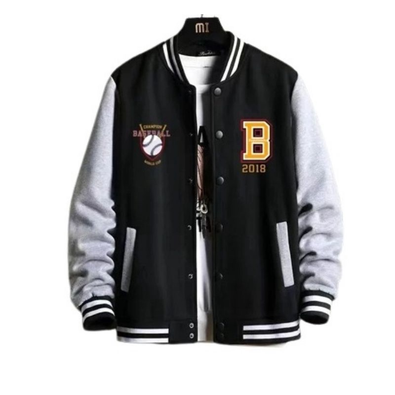 Jaket Baseball B Pria Wanita | Jaket Varsity Baseball Hitam Abu Murah!