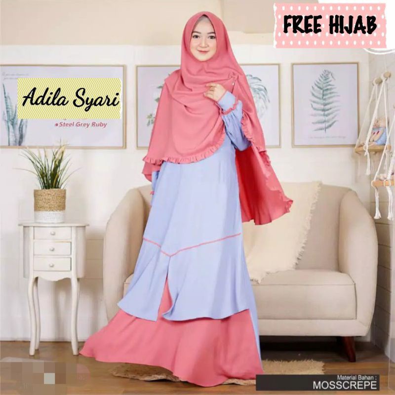 Baju Dress Gamis Syari Busui Wanita Muslim Kondangan Free Khimar Hijab Jilbab ADILA SYARI Warna Polo