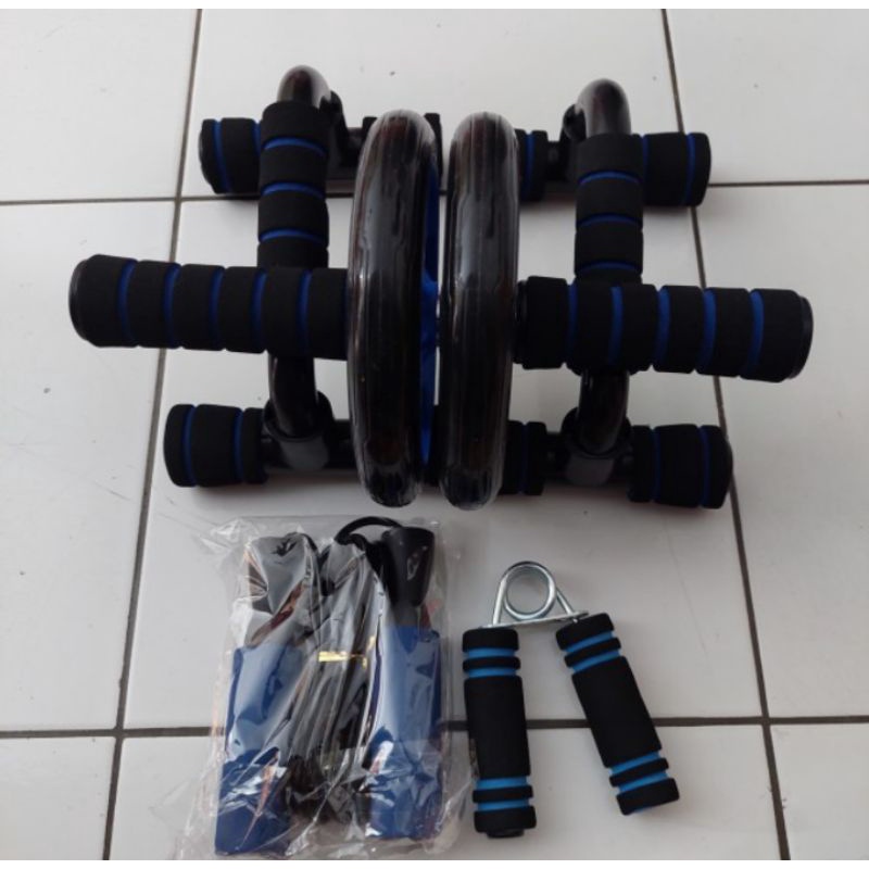 Paket Olahraga Gym Fitness Dirumah Push Up AB Wheel Roller Tali Skipping Hand Grip Set 4 in 1