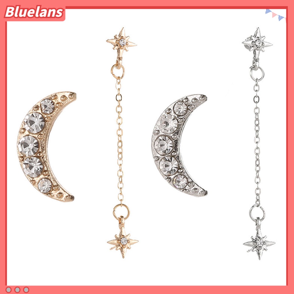 Bluelans 2Pcs Earring Vintage Moon Star Chain Rhinestone Alloy Unique Ear Stud for Women