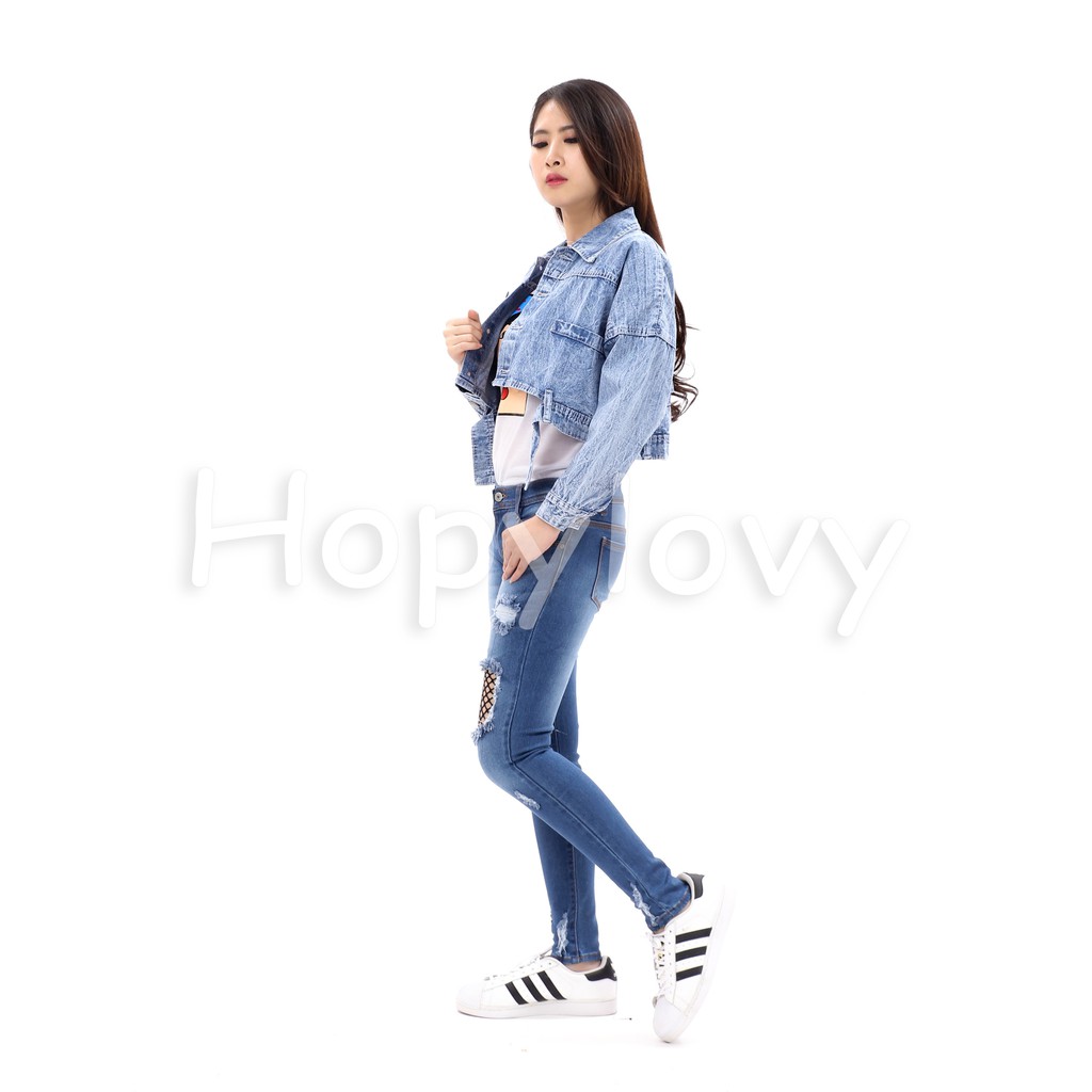 HOPYLOVY - Jaket Jeans Wanita Crop Back Reversed Pocket Mirzani