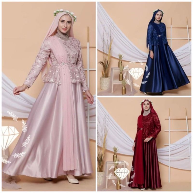 Maxi Emelga Dress Gamis Selendang brukat tile mutiara gamis pesta dress muslim gaun brukat
