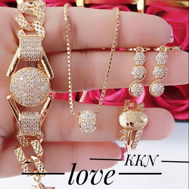 Xuping set perhiasan gelang cincin botak kalung anting lapis emas 24k 1011