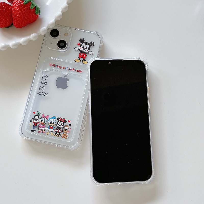 Soft Case Transparan Desain Winnie the Pooh Mickey Card Sleeve Untuk iPhone 12 13 Pro MAX 11 X XR XS MAX