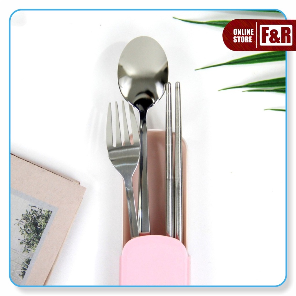 1 Set Alat Makan Sendok Garpu Sumpit Stainless Steel + Box Portable Travel Cutlery Set Food Grade