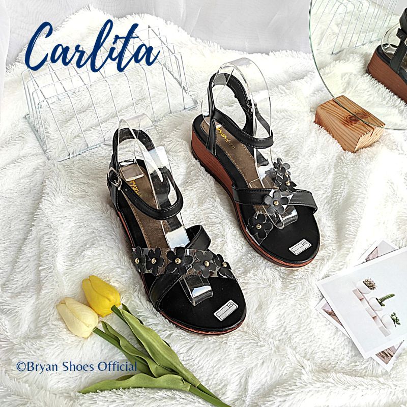 Bryan Carlita Sandal Wedges 5cm Mika Tali Bunga Syantik Sendal Flower Mocca Black Sintetis Dove