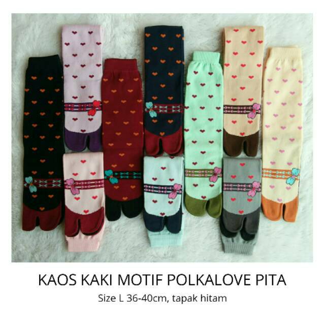 Kaos Kaki Jempol Wanita Muslimah Motif Polkalove Pita (Nylon Spandex, Tapak Hitam, Size L, Panjang)