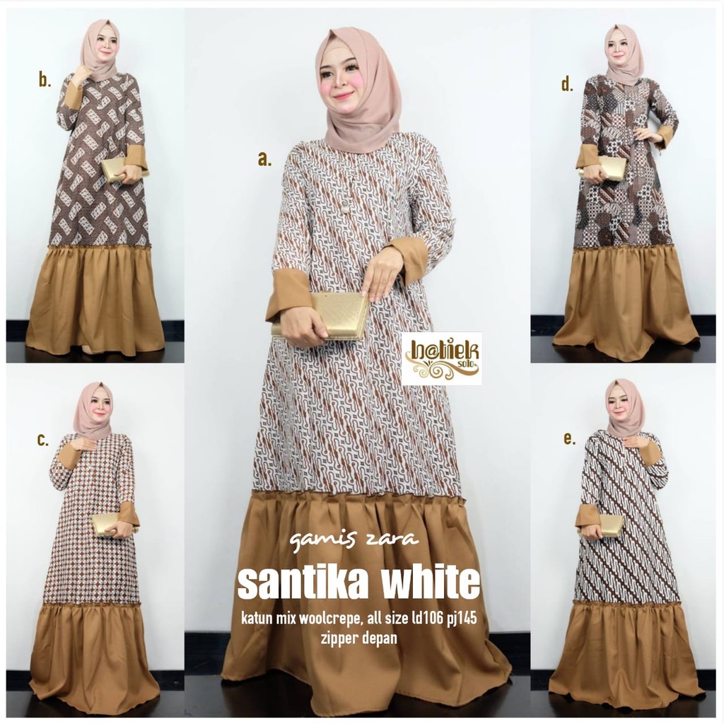 Gamis Zara Santika White Batik Muslim Long Maxi Seragam Pesta Casual Modern Baru Cantik Modern