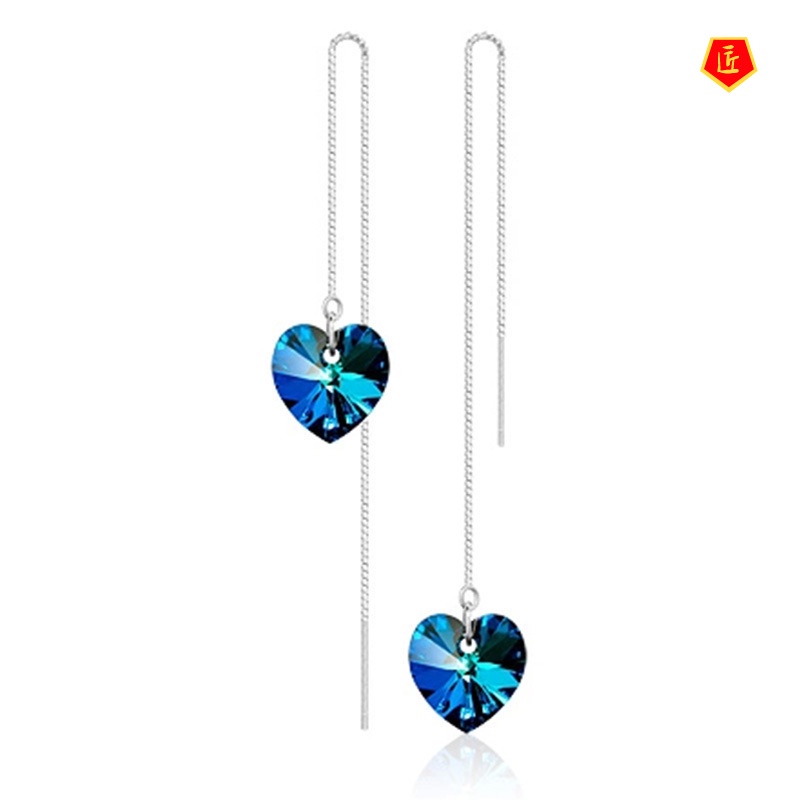 [Ready Stock]Women's Long Heart-Shaped Blue Crystal Earrings Elegant