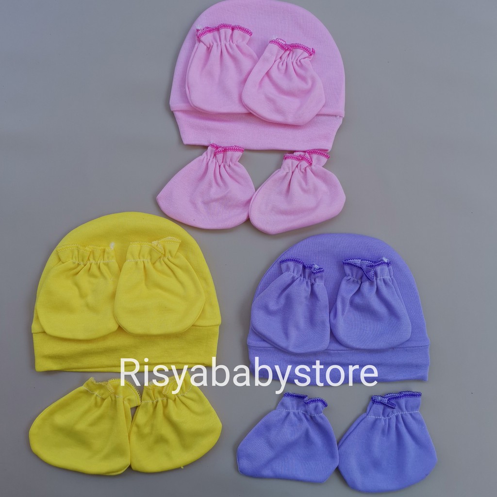 Topi set sarung tangan kaki bayi warna polos new born | Risyababy collection