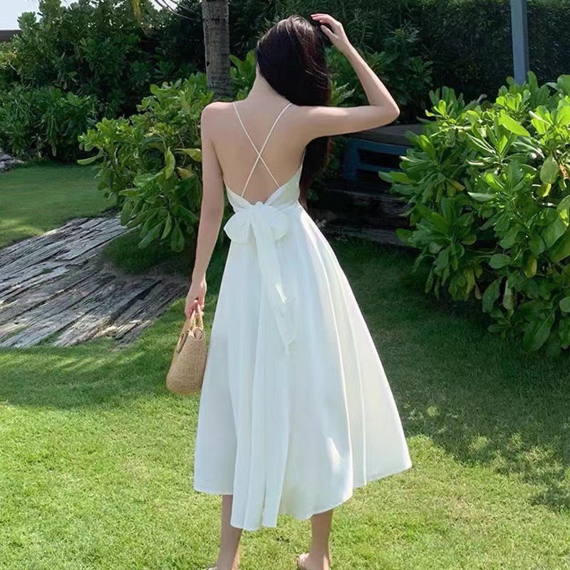 H7 D23/22 White dress pantai back less v neck / midi dress A line / sexy dress