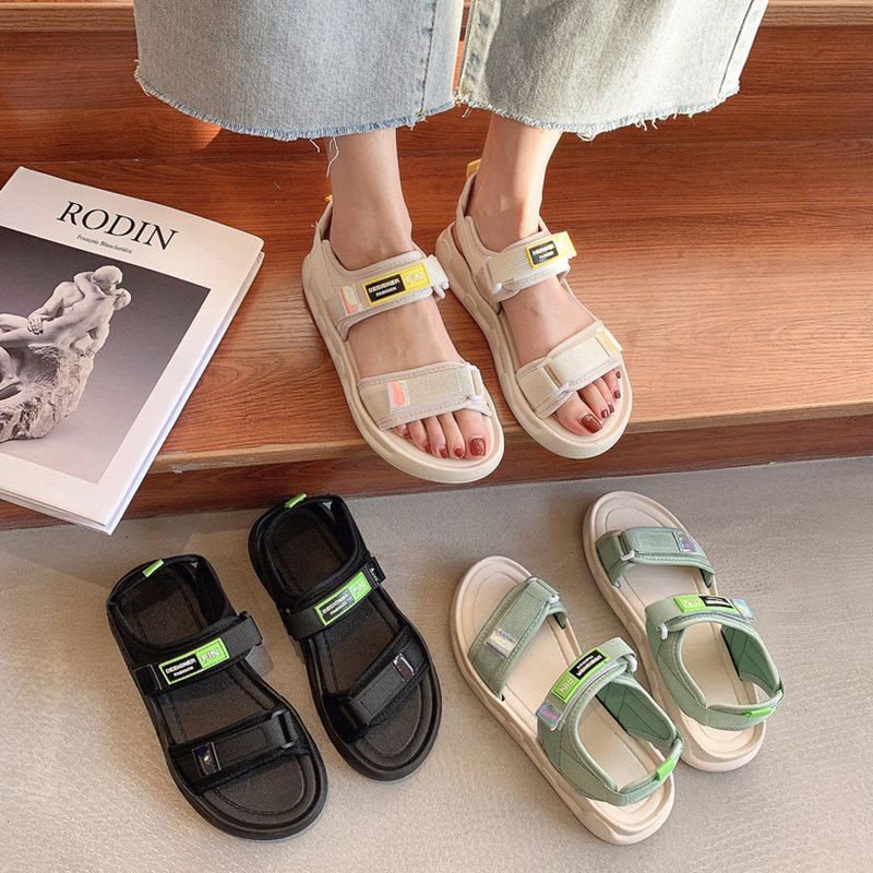 [littlecrab] Sandal Gunung Hitam Putih Hijau Sandal Wanita Berkualitas Tinggi Sandal Tinggi Tali Selop Kasual Korean Style