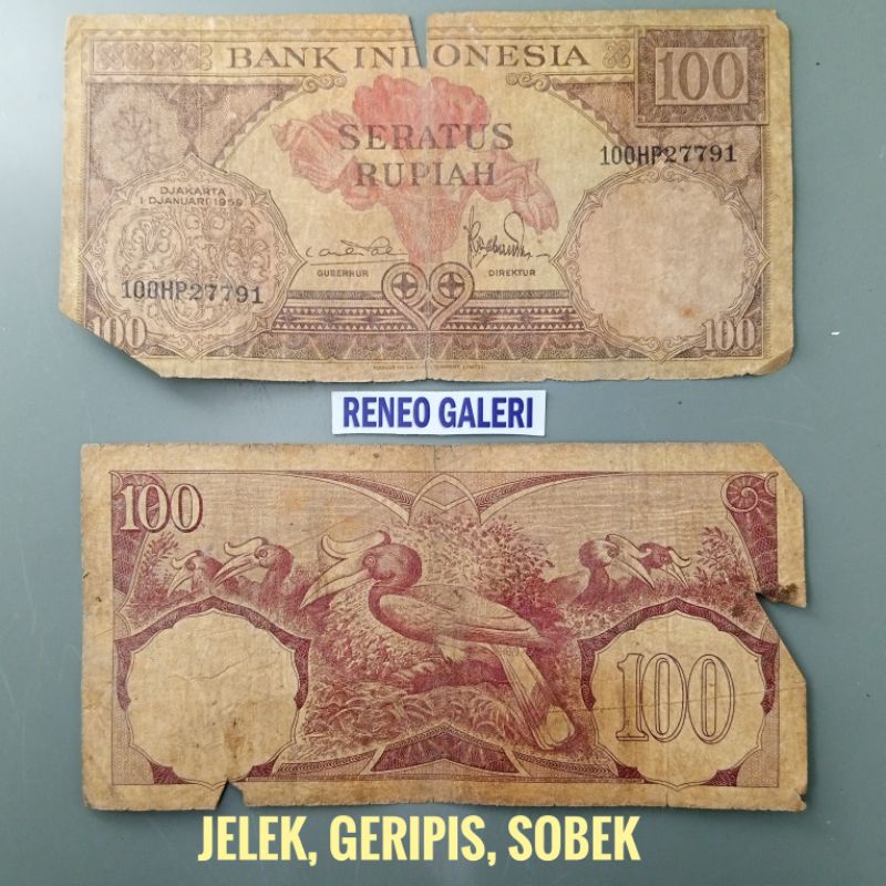 Asli Rusak 100 Rupiah Tahun 1959 Seri Bunga Rp Uang lama duit kuno jadul lawas lama unik antik burung Indonesia Original