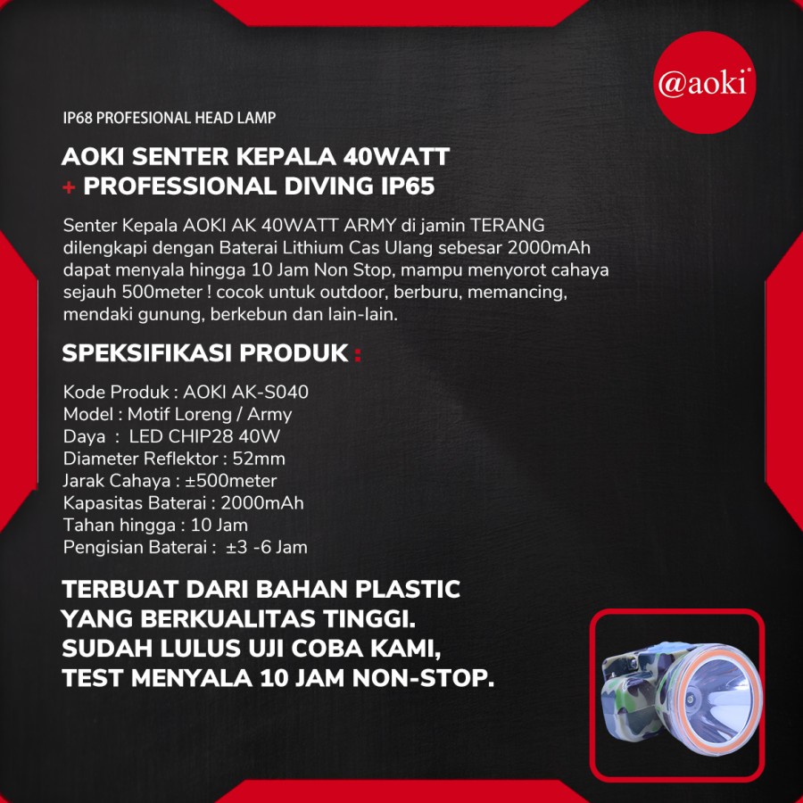 SENTER KEPALA/HEADLAMP AOKI AK-S040 PROFESIONAL HEADLAMP 40WATT IP 65 TAHAN HINGGA 10 JAM