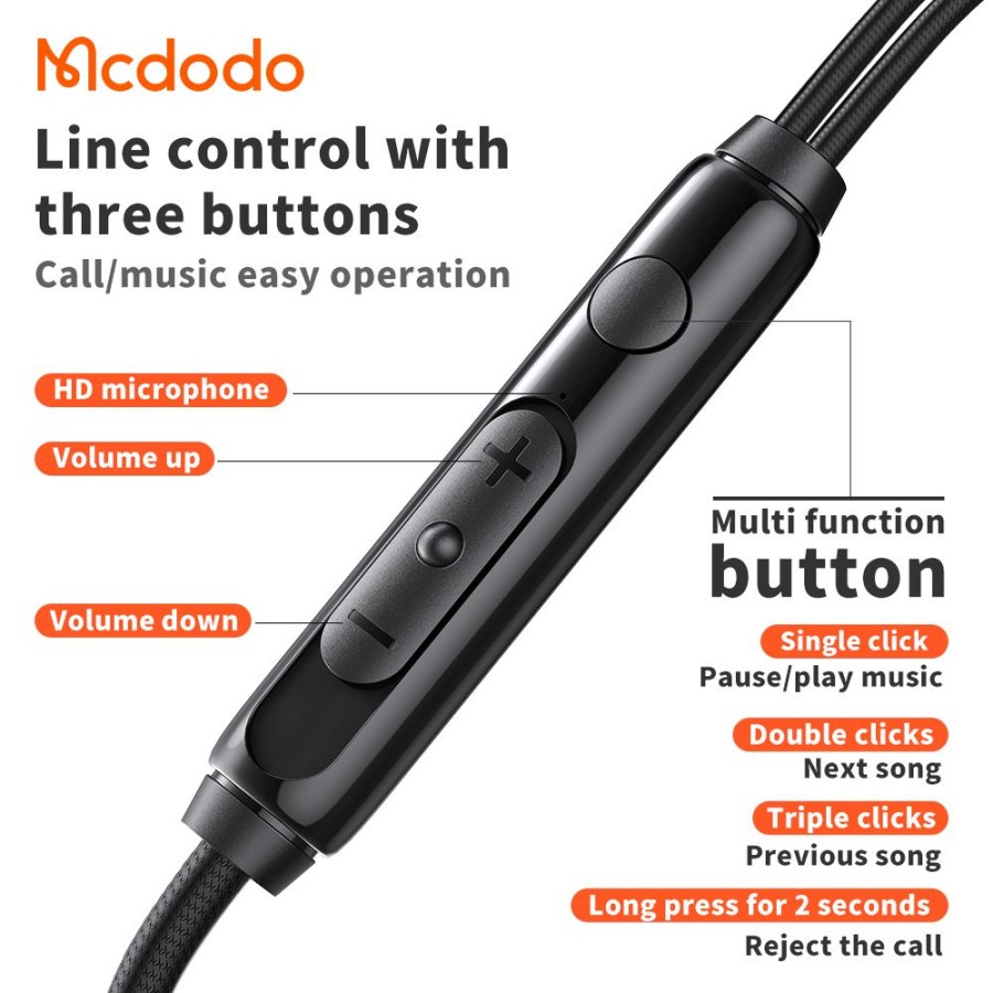 Mcdodo Headset Earphone HD Sound Stereo Bass Mic Jack 3.5mm HP-121