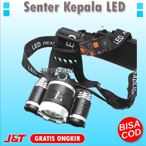 Senter Kepala Led Super Terang Jarak Jauh -  Power Headlamp 3 LED 5000 Lumens Cree XM-L Murah