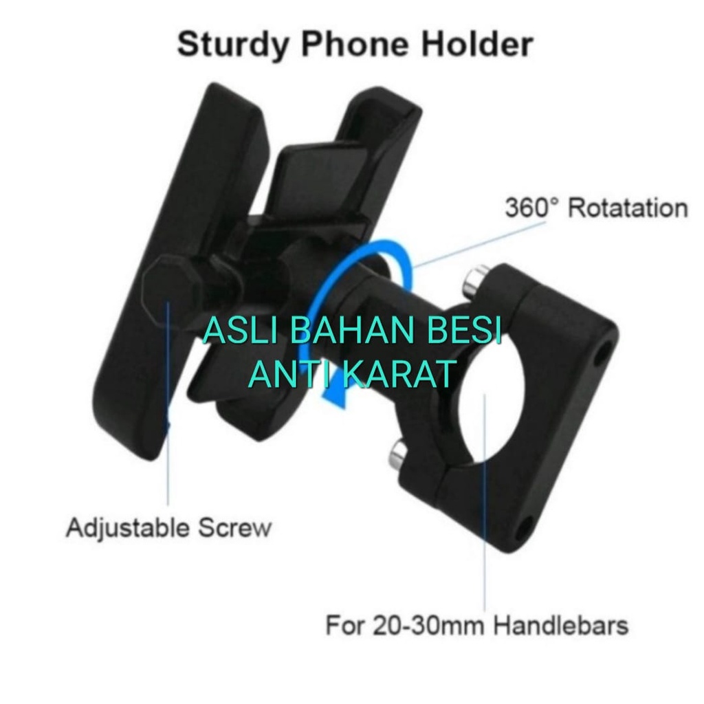 J448 HOLDER HANPON SEPEDA MOTOR ASLI BAHAN BESI ANTI KARAT STANG SPION GPS ALMUNIUM BRACKET PEGANGAN GANTUNGAN PENGAMAN UNIVERSAL TEMPAT HANDPHONE PENYANGGA STAND STANDING BISA SEPEDA BISA MOTOR BISA DIGUNAKAN MAX 7 INCI COCOK BUAT OJOL MAUPUN PRIBADI