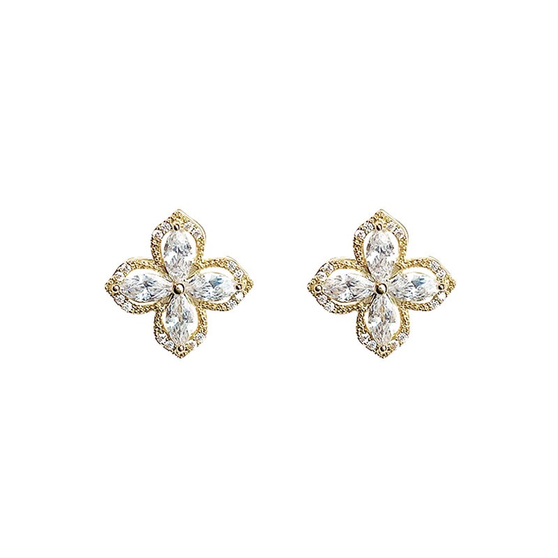 Female Korean S925 Silver Needle Earrings Rotatable Crystal Flower Earring Temperament Simple Earrings Sweet Heart Jewelry