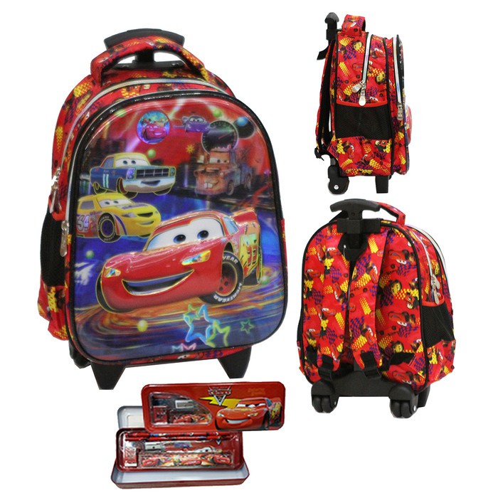 Tas Trolley Anak TK Import - Cars MCQueen 5D Timbul +Kotak Pensil Set