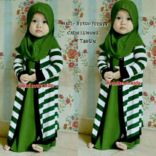 VS Aisyah kid @62 RB, Maxi lengan buntung+ bergo bahan jersey+ cardi bahan crepe motif asli sz