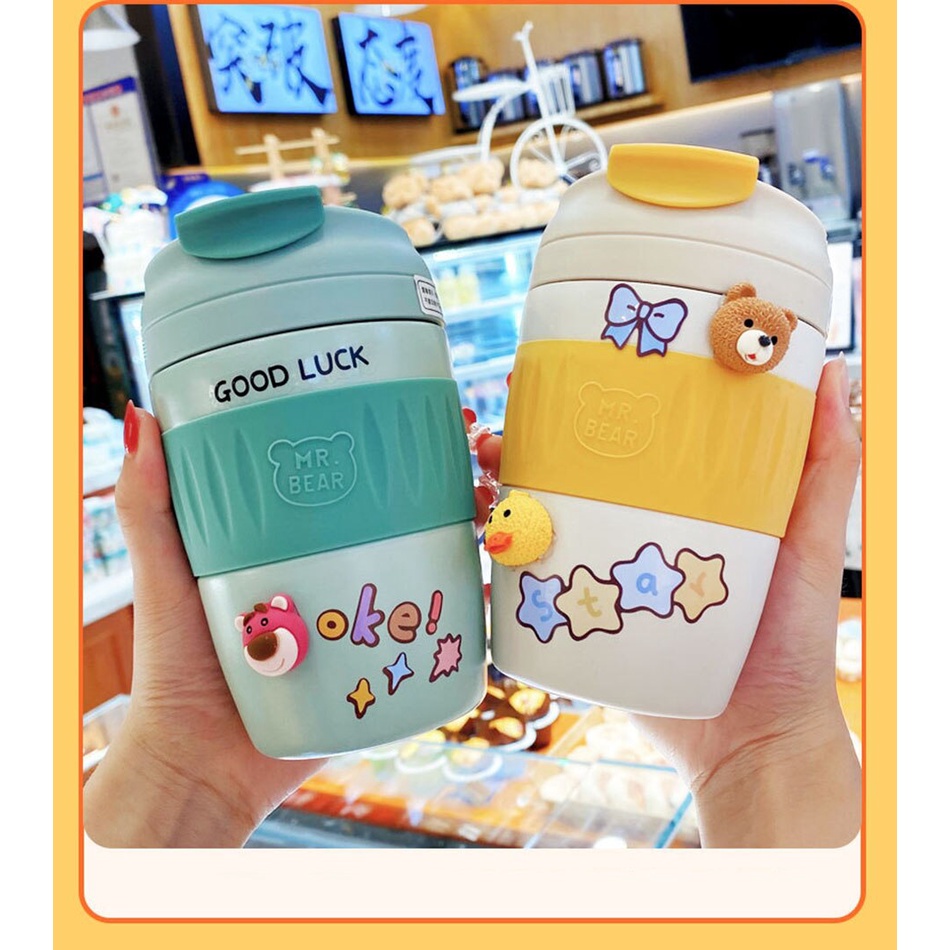 Kawaii Bear Thermal Cup Coffee Mug Portable Stainless Steel Anak Sedotan Botol Air Anak Perempuan Termos Lucu Perut Besar Double Minum