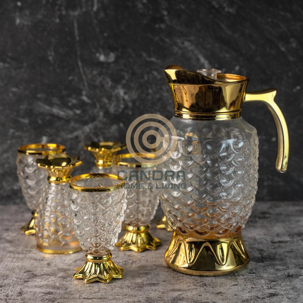Cangkir Set Beling Emas Gold 7 pcs / Teko Tea Set Cofee Set Emas Kaca