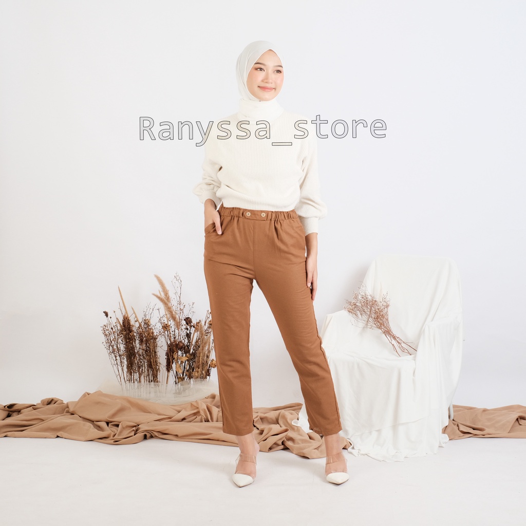 Baggy Pants Wanita Celana Panjang Wanita Bahan Linen Rami Premium Pants Karet Pinggang Celana Kerja Bawahan Wanita Muslim-1
