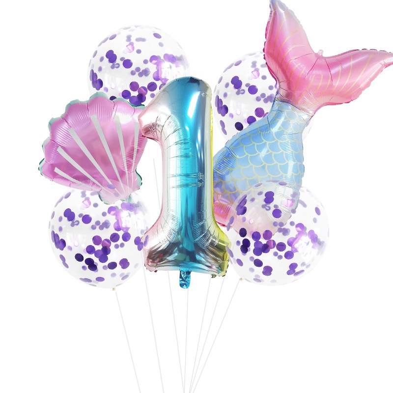 7pcs / Set Balon Foil Angka Bentuk Ekor Mermaid Untuk Dekorasi Pesta Ulang Tahun / Baby Shower