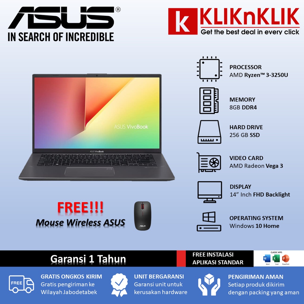 Asus Vivobook F412DA Ryzen 3 3250U 12GB 256GB/512GB SSD FHD IPS Slate Grey