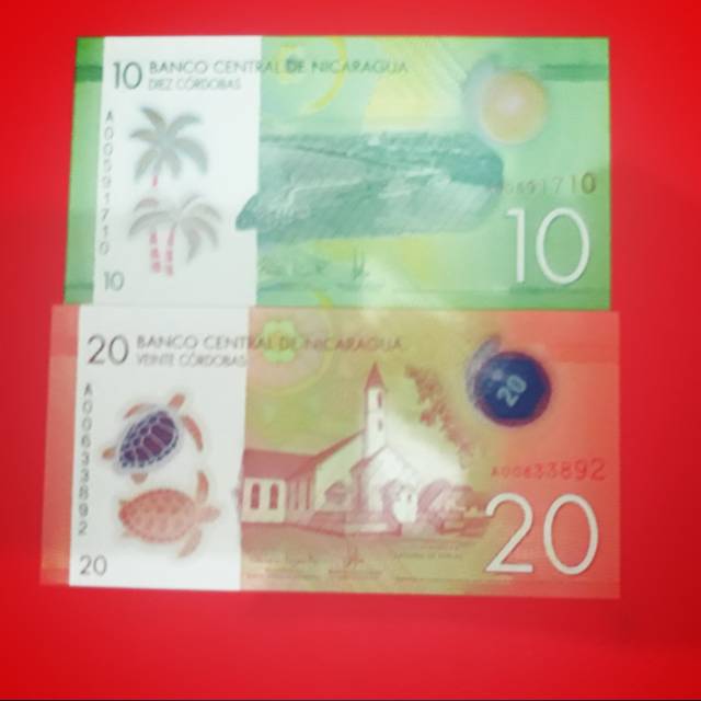 Uang asing set nicaragua baru pecahan 10-20 (polymer)