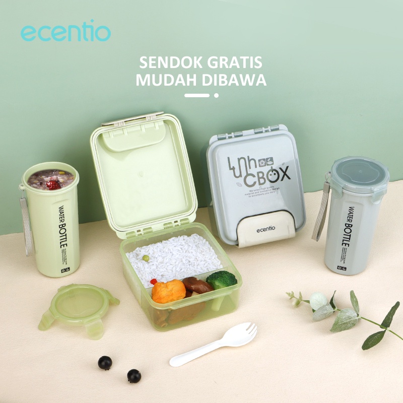 ecentio &amp; FOODI 2 Sekat Grid 1000ml Kotak Makan Set anak Lunch box 500ml botol/Lunch Box Set 2 Grid Kotak Bekal Makan Botol Minum Free Sendok Tempat Makanan anak kecil BPA free