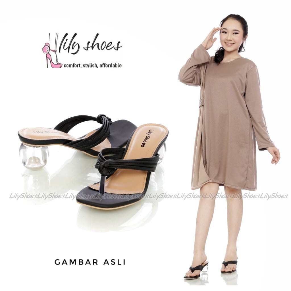 SARAH - Lily Shoes Sandal wanita block heel / hak kaca bulat model jepit casual real pict-2