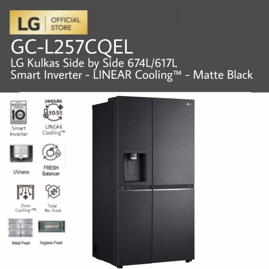 LG GC-L257CQEL / GCL257CQEL Kulkas Side by Side 674L UVnano Matte Black