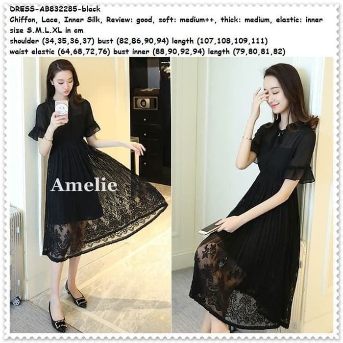 Midi Dress Gaun Pesta Brukat Lace Wanita Baju Korea Import Black Hitam BEST.