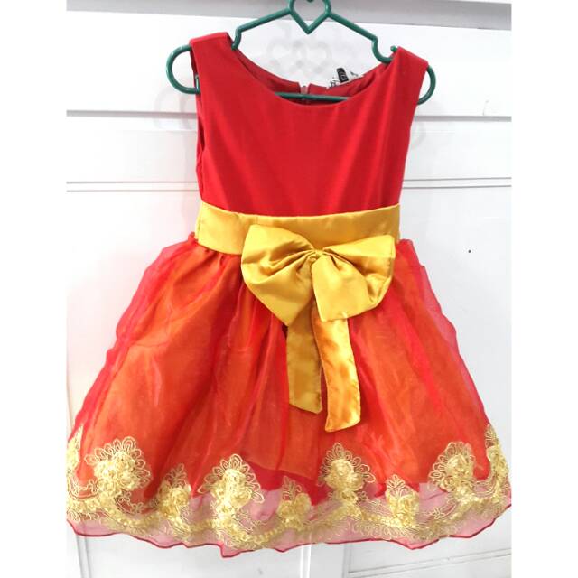Dress anak merah gold pita